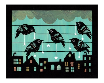 May include: Silhouette illustration of five black birds perched on a wire with white stars hanging from their beaks. The birds are against a turquoise blue background with a white cloud. The bottom of the image shows a row of black silhouette buildings with windows.
