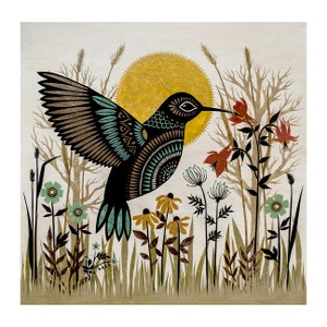 Humming In The Garden - 8 x 8 inch Cut Paper Art Print