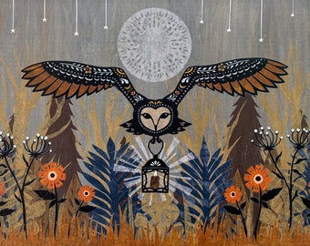 May include: A stylised illustration of an owl with brown and black wings flying over a woodland scene with a full moon and stars. The owl is carrying a lantern with a glowing light. The woodland is filled with orange flowers and green foliage.