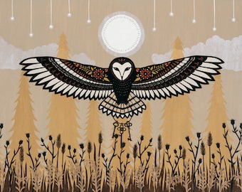 May include: A black and white stylised illustration of an owl with intricate floral patterns on its wings, flying against a beige background with a full moon and stars. The owl is holding a bunch of keys in its talons. The background also features a forest of pine trees and a field of tall grass.