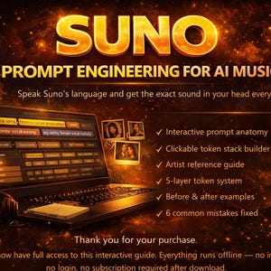 May include: A promotional image for "SUNO: Prompt Engineering for AI Music." The image features a laptop displaying a music prompt interface, a microphone, and headphones. Text highlights key features like interactive prompt anatomy and a 5-layer token system.