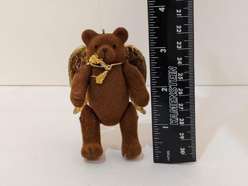 Vintage Jointed Angel Bear Ornament, Legs and Arms Move, Golden Wings