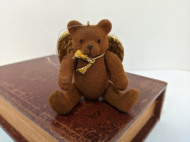 Vintage Jointed Angel Bear Ornament, Legs and Arms Move, Golden Wings