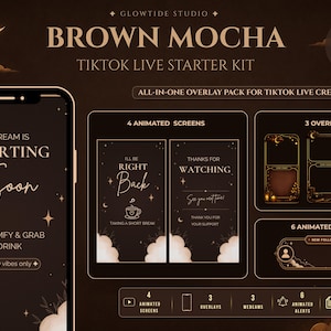 Puede incluir: Un kit de inicio para TikTok Live Brown Mocha que incluye un paquete de superposiciones digitales con cuatro pantallas animadas, tres superposiciones y seis alertas animadas. El diseño presenta fondos marrón oscuro con texto, estrellas, nubes e iconos de luna en color crema, mostrando textos como Stream is Starting Soon y I'll Be Right Back.