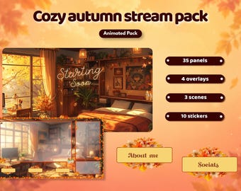 Op de afbeelding: Een digitaal kunstpakket met een gezellig herfstthema. De afbeelding toont een warme, uitnodigende kamer met een bed, bureau en raam. Tekst bevat "Cozy autumn stream pack", "Starting Soon" en details over panelen, overlays, scènes en stickers.