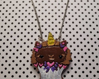 Kawaii Alpaca Cupcake Pendant: Hand-Painted Resin Necklace
