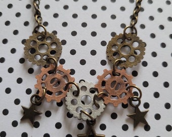 Steampunk Zahnrad Kette: Bronze, Kupfer & Silber Stern Statement Schmuck