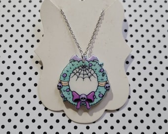 Spooky Christmas Wreath Necklace: Pastel Goth Skull & Bat Charm