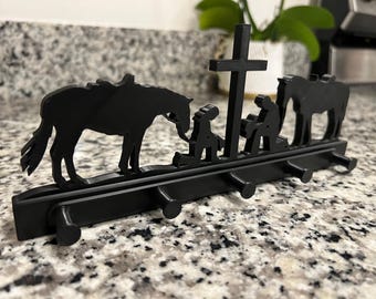 Portachiavi con croce e cavalli in preghiera - Decorazione cristiana per la casa, gancio da parete per amanti dei cavalli, regalo religioso per coppie