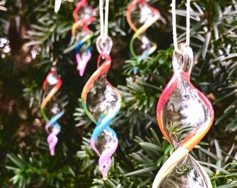 Handblown Glass Rainbow Twirl Winter Solstice Spiral Twist Holiday Ornaments Suncatcher Christmas Gift Tree Decorations