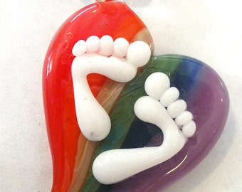 Rainbow Baby Footprints Glass Mother Jewelry Necklace Pendant Birth Art