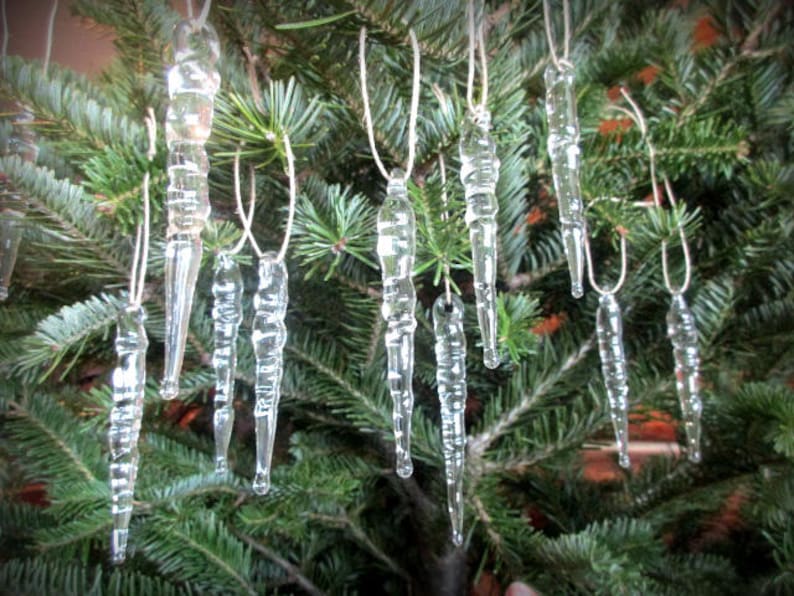 Blown Glass Icicles Handmade Holiday Winter Ornaments single, sets of 6, or by the dozen image 1