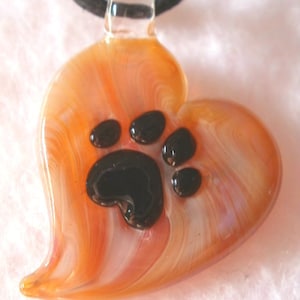 Paw Print Glass Pendant Animal Lovers Handblown Heart Necklace Charm Dog Cat Pet Jewelry