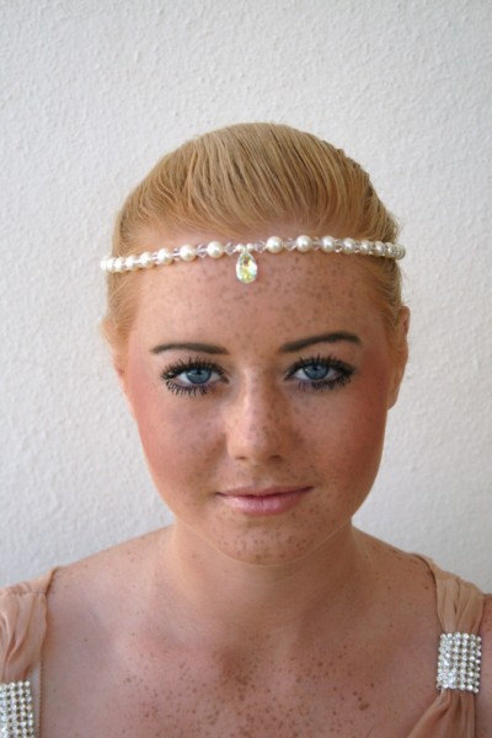 Bridal Circlet Forehead Necklace in Crystal and Pearls With Central