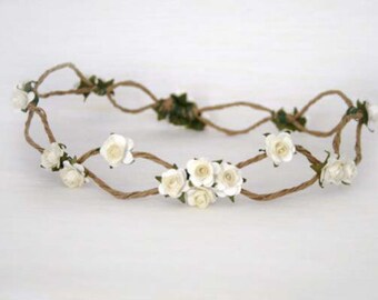 White Bridal Flower Vine Crown, Festival Headband, White Rose Headband