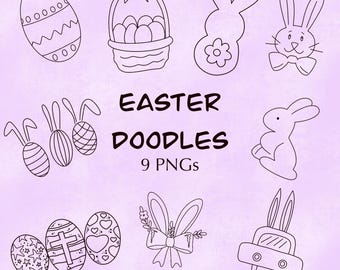 Påsk PNG Doodles | Handritade påskdoodles | Kanin Clipart Bundle | Digital nedladdning | Vårdoodles Grafik
