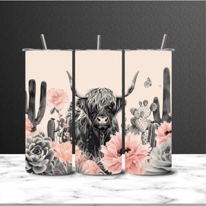 Highland Cow 20oz Skinny Tumbler Wrap Cute Cow Straight Tumbler Sublimation Floral Tumbler Wrap