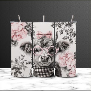 Highland Coquette Cow 20oz Skinny Tumbler Wrap Cute Cow Straight Tumbler Sublimation Floral Tumbler Wrap
