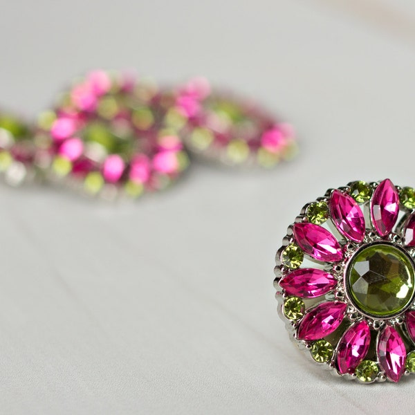 5 Rhinestone Buttons - Hot Pink / Artichoke Green Buttons - Amy Button - 28mm - Plastic Buttons - Acrylic Buttons