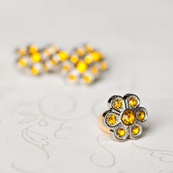5 Yellow Rhinestone Buttons -  Yellow Flower Button - Christine Button - 14mm - Plastic Buttons - Acrylic Buttons