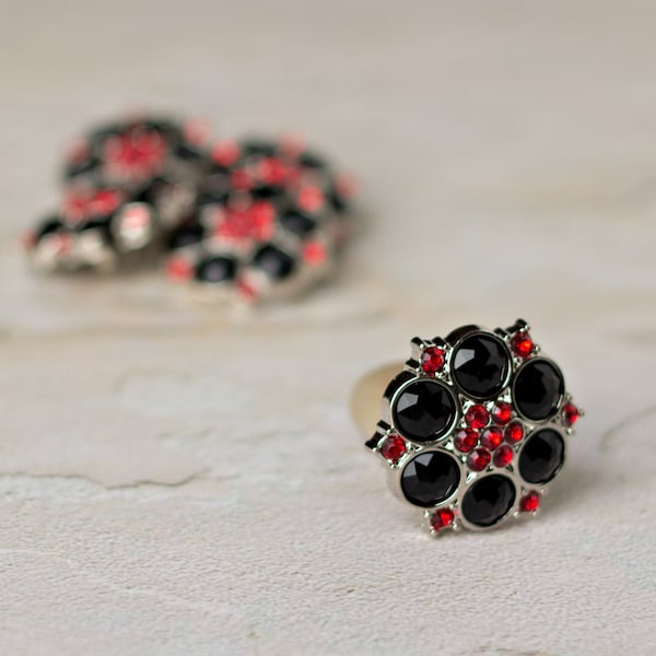 5 Rhinestone Buttons - Black / Red - Abbey Button - 25mm - Plastic Buttons - Acrylic Buttons