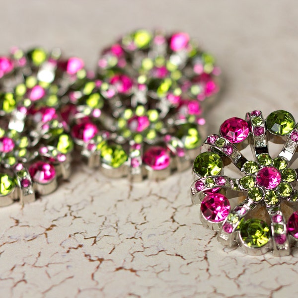 5 Rhinestone Buttons - Hot Pink/Green Rhinestone Button - Lisa Button - 32mm - Plastic Buttons - Acrylic Buttons