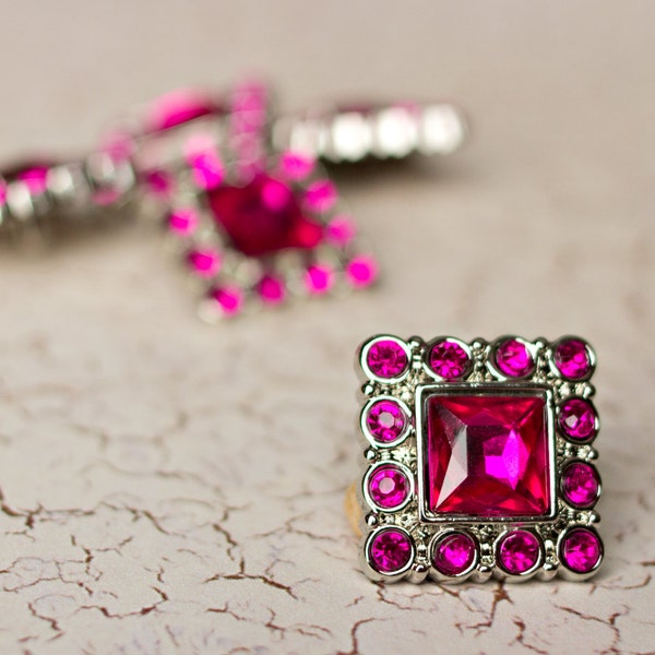 Square Rhinestone Buttons -  5  Fuchsia Buttons - Logan Button - 28mm - Plastic Buttons - Acrylic Buttons