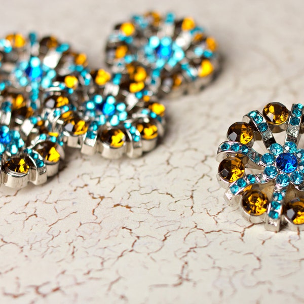 5 Rhinestone Buttons - Teal/Turquoise/Amber Rhinestone Button - Lisa Button - 32mm - Peacock Inspired Plastic Buttons - Acrylic Buttons
