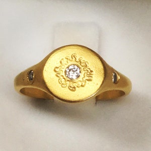 Sun Ring Triple CZ Stone Signet Ring, Boho Style Statement Ring in Sterling Silver or Gold Chevalier Ring Pinky Ring, Celestial Jewelry