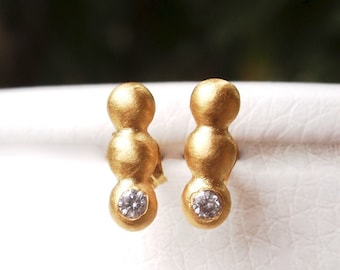 14k Solid Yellow Gold Bar Earrings CZ or White Sapphire Dot Earrings, Dainty Beaded Delicate Earrings, Minimalist Diamond Studs