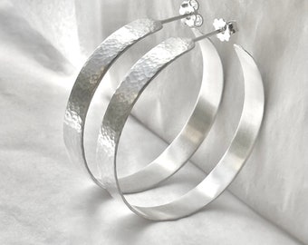 Large Hoop Earrings Hammered Hoops Sterling Silver