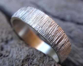tree bark wedding band ring sterling silver wood grain textured wedding ring for men and women - 5mm - handmade jewelry  made to order