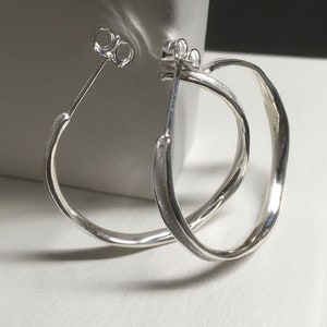 Sterling Silver Hoop Earrings Handmade Channel Medium Hoops Wavy Shaped Post Earrings Everyday Wear Lightweight Perfect Gift for Him and Her