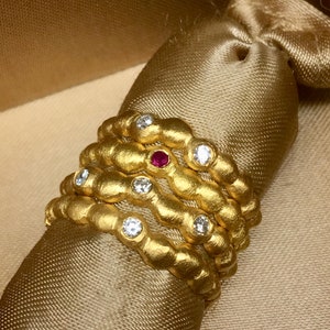 14k Solid Gold Pebbles Ring with Red Ruby or Moissanite Gemstones, Dots Gold Ring, 14k solid Yellow Rose White Gold, Valentines Gift for Her