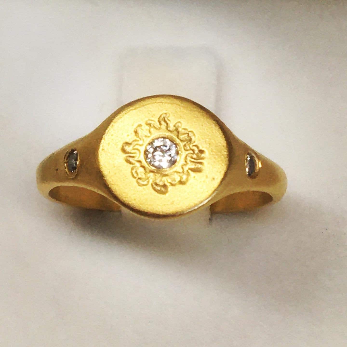 Sun Ring Triple CZ Stone Signet Ring, Boho Style Statement Sun Ring Triple CZ Stone Signet Ring, Boho Style Statement
