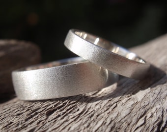 Handmade Sterling Silver Wedding Band Set – Brushed Satin Finish, Rings for Couples