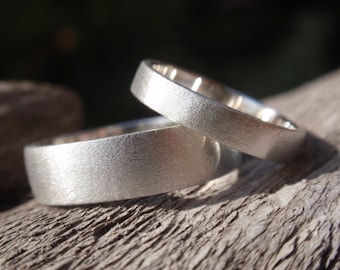 wedding band set of 2 brushed / satin finish engagement rings or wedding rings in sterling silver 5mm & 3mm - made to order