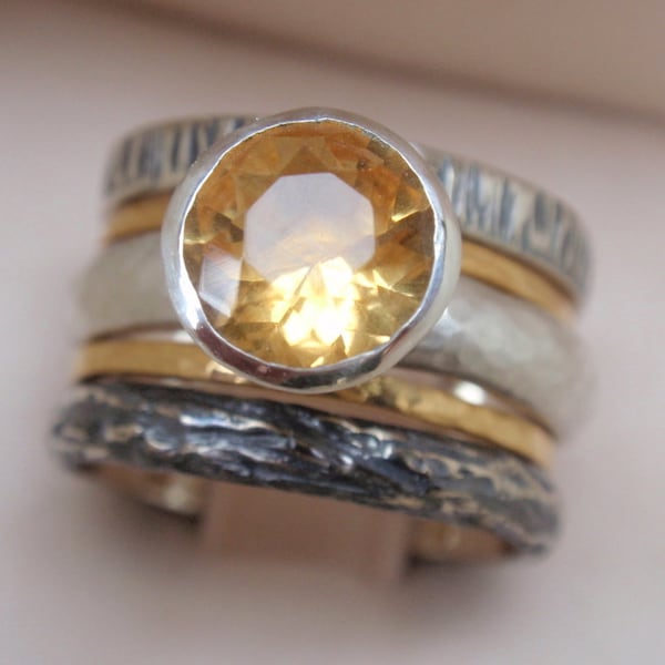 Anillo de compromiso de citrino, conjunto de 5 piedras naturales de nacimiento de noviembre, anillos de oro amarillo de 14 quilates, alianzas de plata de ley, anillo de piedras preciosas, anillo de boda.