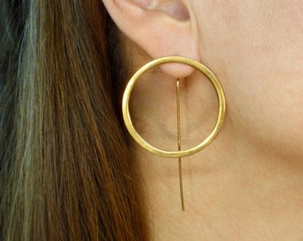 Large Circle and Bar Hoop Modern Style Earrings Drop Ear Jackets Valentines Gift Sterling Silver Yellow Gold or Rose Gold Geometric Studs