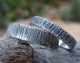 Oxidized Sterling Silver Wedding Band Set, Tree Bark Texture, Rustic Handmade Unisex Rings