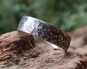 Hammered Oxidized Sterling Silver Wedding Band, Mens Rustic Ring, 5mm