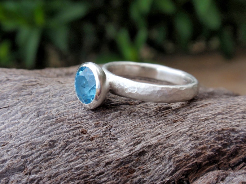 something blue gemstone ring 7mm natural swiss blue topaz ring stacking ring solitaire recycled sterling silver handmade made to order image 2