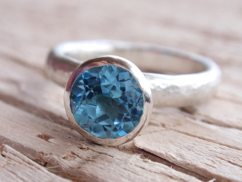 something blue gemstone ring 7mm natural swiss blue topaz ring stacking ring solitaire recycled sterling silver handmade made to order image 1