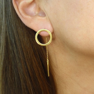 Long Drop Cute Earrings Threader Earrings Circle Bar Front & Back Earrings  Studs with Chain in Sterling Silver, Yellow or Rose Gold