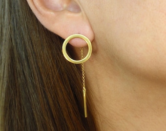 Long Drop Cute Earrings Threader Earrings Circle Bar Front & Back Earrings  Studs with Chain in Sterling Silver, Yellow or Rose Gold