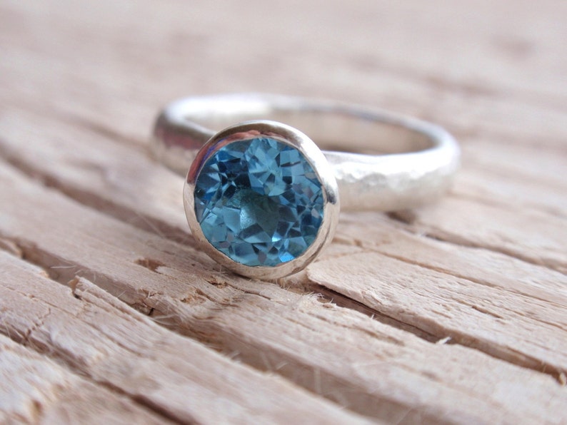 something blue gemstone ring 7mm natural swiss blue topaz ring stacking ring solitaire recycled sterling silver handmade made to order image 3