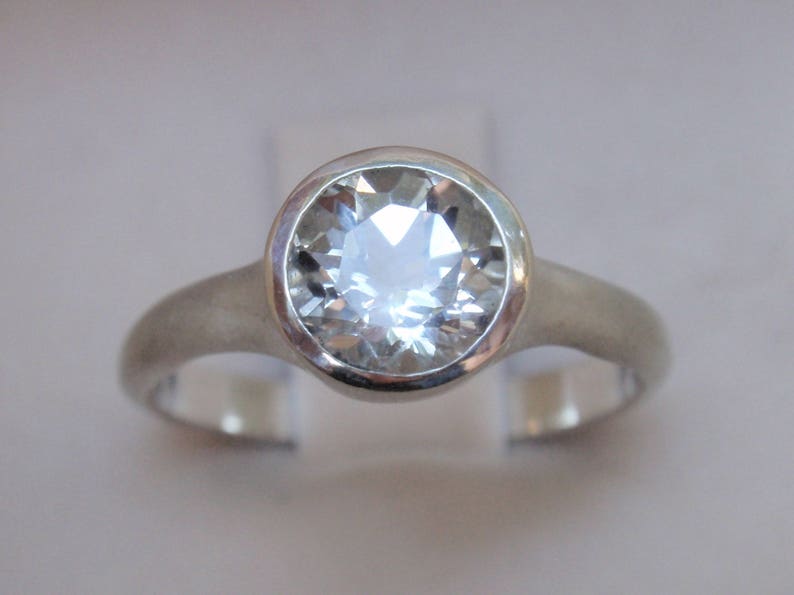 Gold White Topaz Ring, Engagement Ring, 7mm Natural White Topaz, Diamond Alternative Statement Ring in Sterling Silver and Gold Sterling Silver