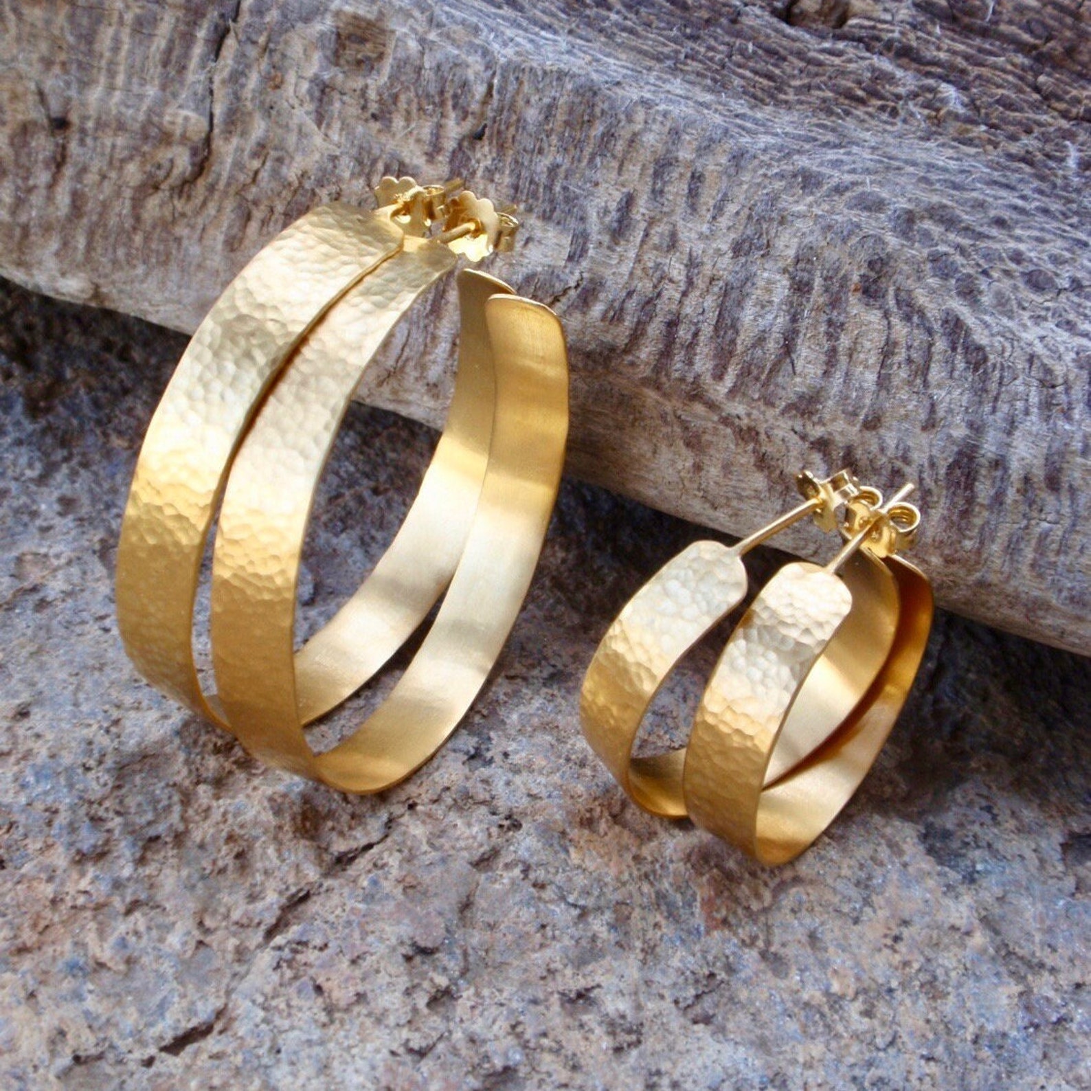 Gold Hammered Hoops 24k Gold Plated Sterling Silver Hammered Etsy