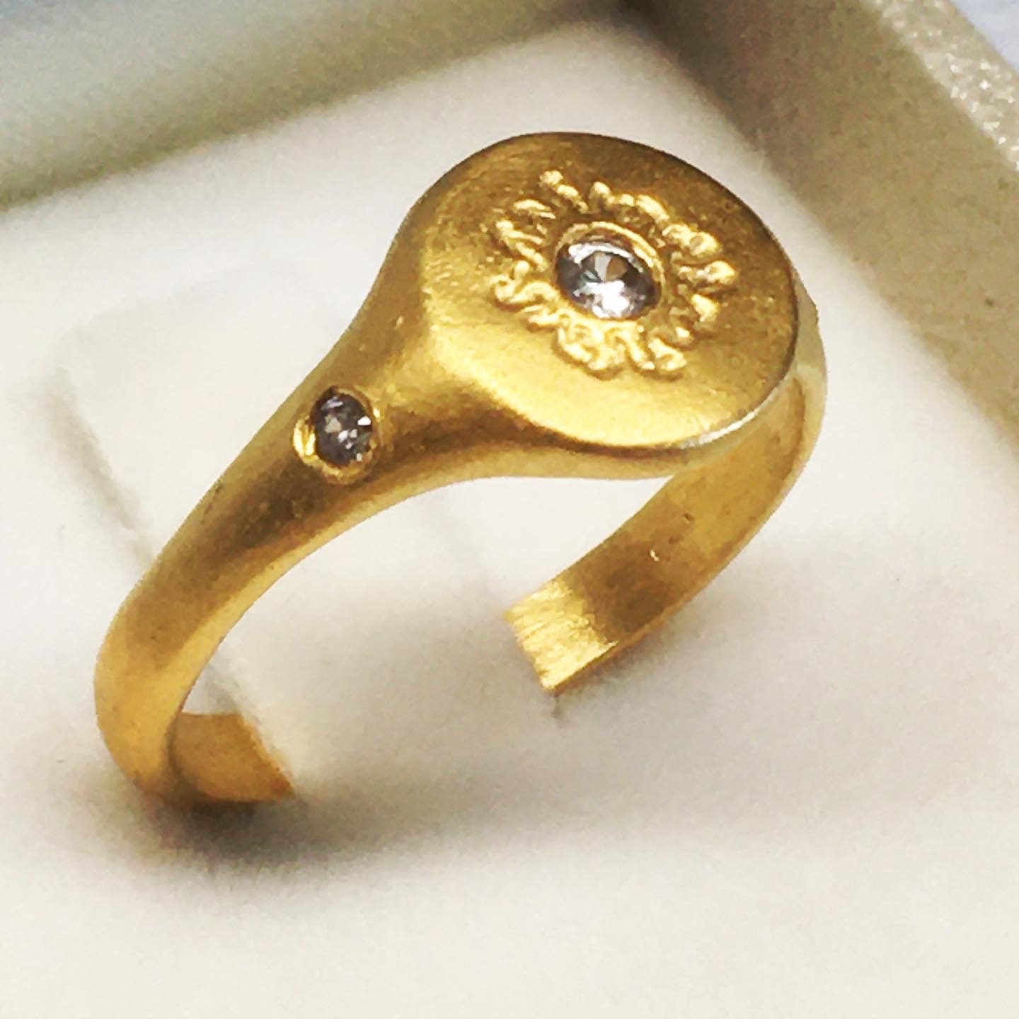 Sun Ring Triple CZ Stone Signet Ring, Boho Style Statement Sun Ring Triple CZ Stone Signet Ring, Boho Style Statement