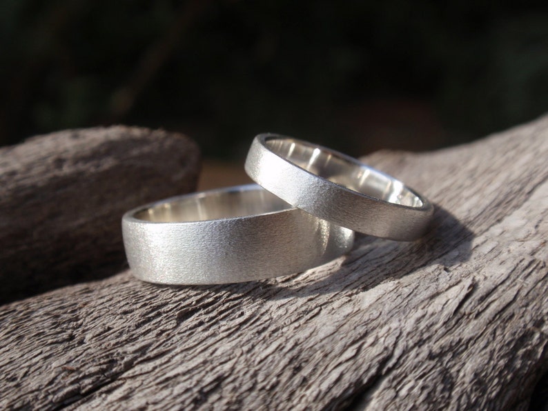 wedding band set of 2 brushed / satin finish engagement rings or wedding rings in sterling silver 5mm & 3mm made to order image 3